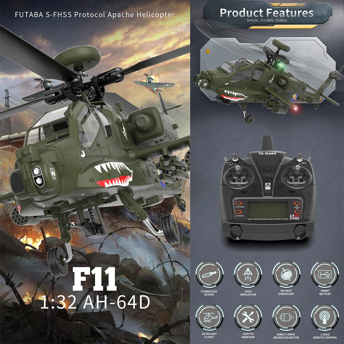 航空機・ヘリコプター Hobby R/C Airplane, brand new Amazon.com: URMODELAND F-11 AH-64 Army RC Helicopter for Adults, 1